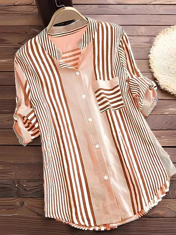 Striped Button-Up Blouse | Mixed Stripe Pattern | Lightweight Everyday Shirt
