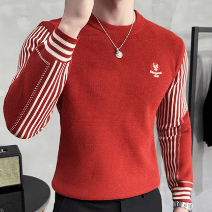 Striped Sleeve Crewneck Sweater | Slim Fit | Lightweight Knit | Casual Style