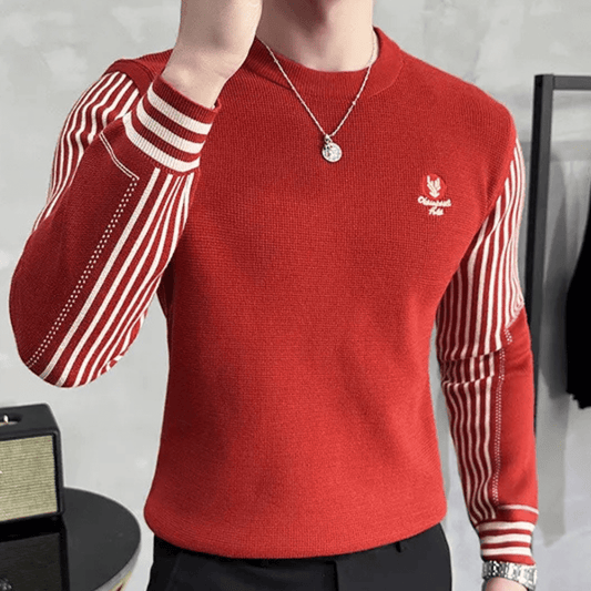 Striped Sleeve Crewneck Sweater | Slim Fit | Lightweight Knit | Casual Style