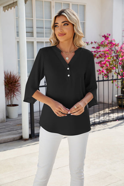 3/4 Sleeve Button Blouse | Lightweight Popover Top | Casual Chic Fit