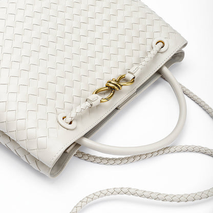 Woven Leather-Look Tote Bag | Gold Knot Detail | Structured Everyday Handbag