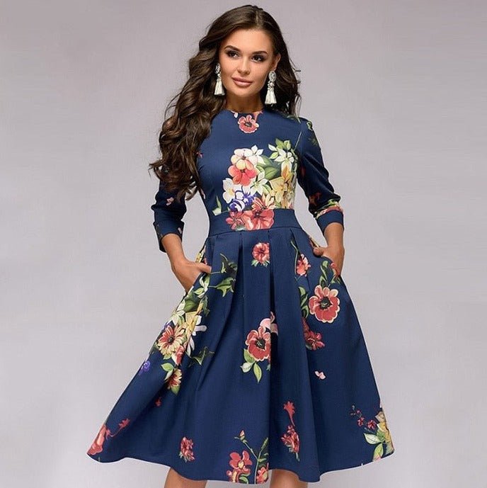 Fit-and-Flare Midi Dress | 3/4 Sleeve & Pleated Skirt | Vintage Floral Print