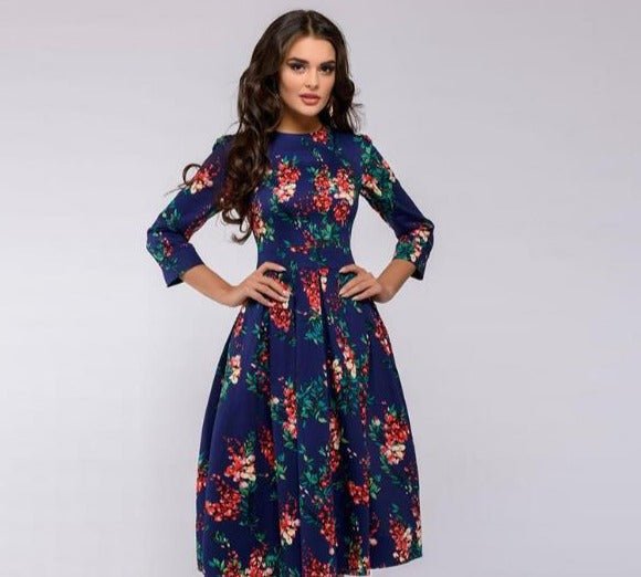 Fit-and-Flare Midi Dress | 3/4 Sleeve & Pleated Skirt | Vintage Floral Print