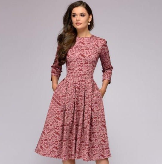 Fit-and-Flare Midi Dress | 3/4 Sleeve & Pleated Skirt | Vintage Floral Print