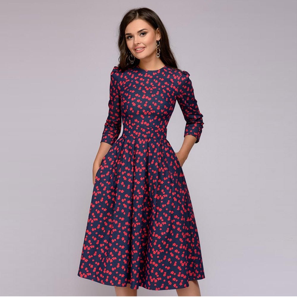 Fit-and-Flare Midi Dress | 3/4 Sleeve & Pleated Skirt | Vintage Floral Print