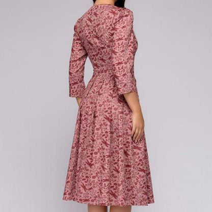 Fit-and-Flare Midi Dress | 3/4 Sleeve & Pleated Skirt | Vintage Floral Print