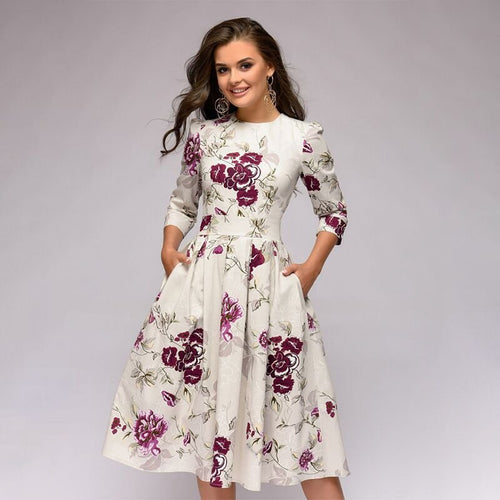 Fit-and-Flare Midi Dress | 3/4 Sleeve & Pleated Skirt | Vintage Floral Print