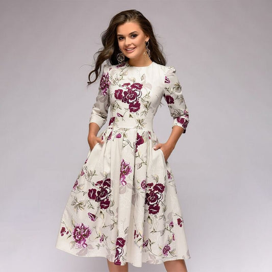 Fit-and-Flare Midi Dress | 3/4 Sleeve & Pleated Skirt | Vintage Floral Print