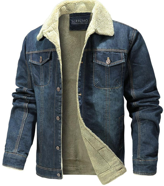 Men’s Sherpa-Lined Denim Jacket | Fleece Collar | Warm Casual Outerwear