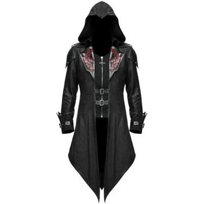Men’s Long Hooded Gothic Trench Coat | Faux Leather | Buckle Detail | Statement Outerwear