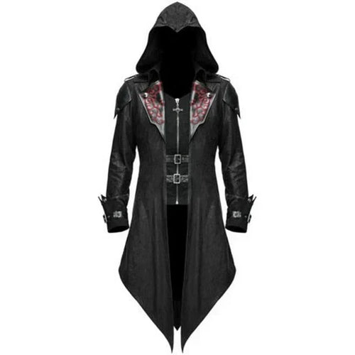 Men’s Long Hooded Gothic Trench Coat | Faux Leather | Buckle Detail | Statement Outerwear