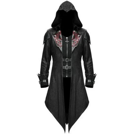 Men’s Long Hooded Gothic Trench Coat | Faux Leather | Buckle Detail | Statement Outerwear