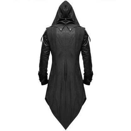 Men’s Long Hooded Gothic Trench Coat | Faux Leather | Buckle Detail | Statement Outerwear