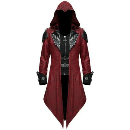 Men’s Long Hooded Gothic Trench Coat | Faux Leather | Buckle Detail | Statement Outerwear