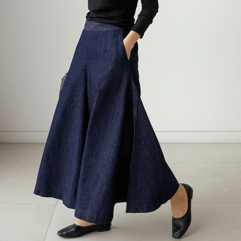 High-Waisted Denim Maxi Skirt | A-Line Silhouette | Soft Draped Movement