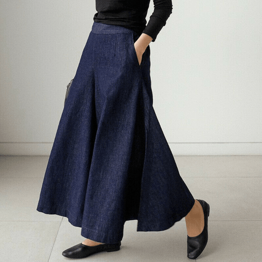 High-Waisted Denim Maxi Skirt | A-Line Silhouette | Soft Draped Movement