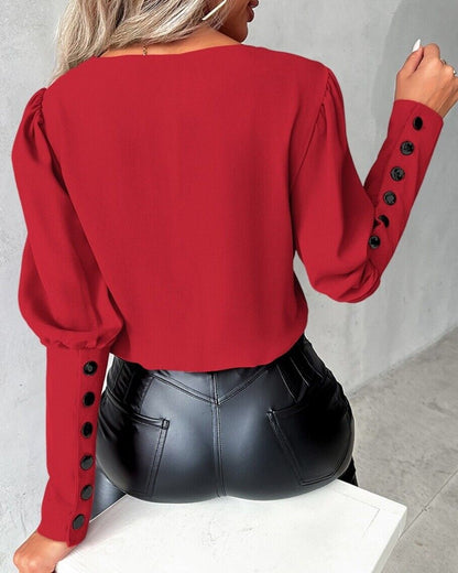 Contrast V-Neck Blouse | Statement Cuff Buttons | Tailored Silhouette