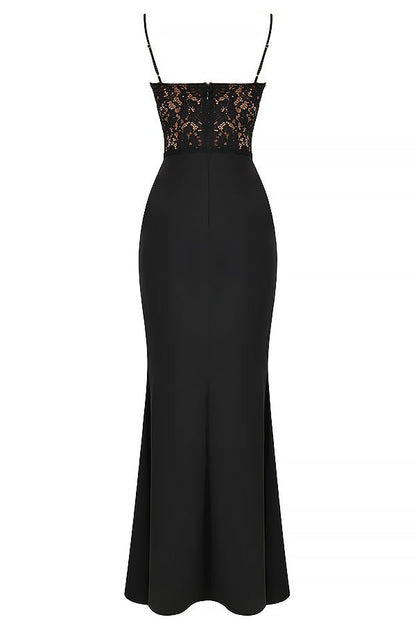 Lace-Detail Maxi Gown | Sleek Fit | Spaghetti Straps | Black