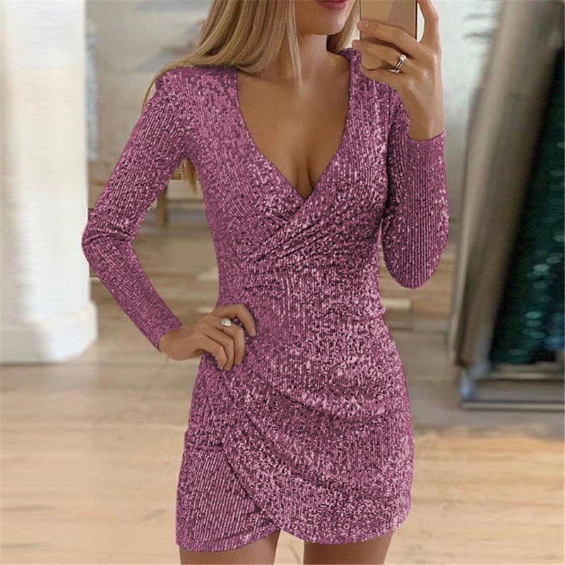 Sparkling Ruched Mini Dress | Deep V-Neck | Sequin Fabric | Party Wear