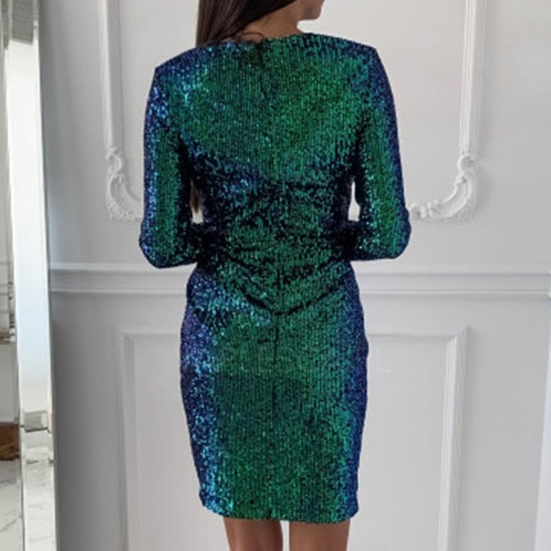 Sparkling Ruched Mini Dress | Deep V-Neck | Sequin Fabric | Party Wear
