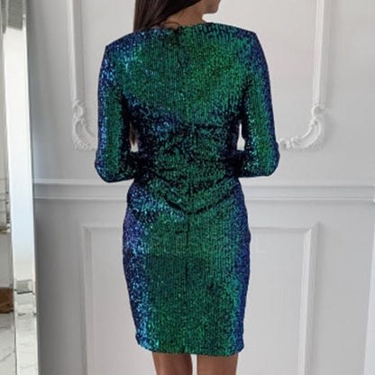 Sparkling Ruched Mini Dress | Deep V-Neck | Sequin Fabric | Party Wear