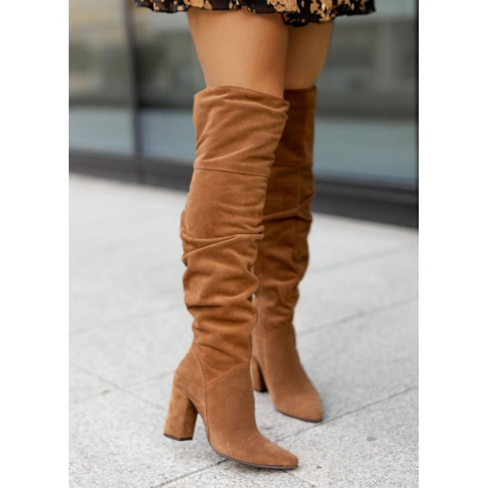 Over-the-Knee Heeled Boots | Faux Suede | Block Heel Slouch Fit