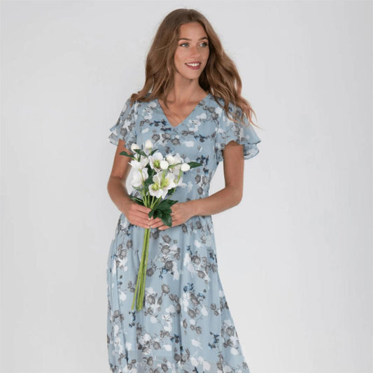 Floral A-Line Midi Dress | V-Neck with Flutter Sleeves | Lightweight Chiffon Layer