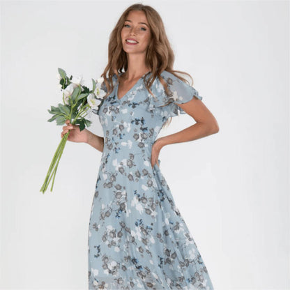 Floral A-Line Midi Dress | V-Neck with Flutter Sleeves | Lightweight Chiffon Layer