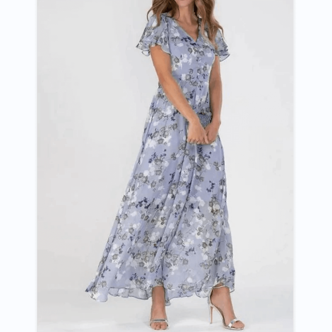 Floral A-Line Midi Dress | V-Neck with Flutter Sleeves | Lightweight Chiffon Layer