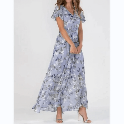 Floral A-Line Midi Dress | V-Neck with Flutter Sleeves | Lightweight Chiffon Layer