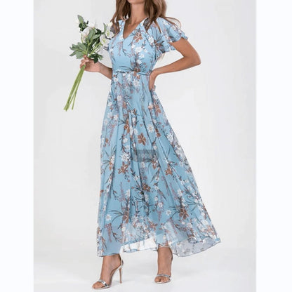 Floral A-Line Midi Dress | V-Neck with Flutter Sleeves | Lightweight Chiffon Layer