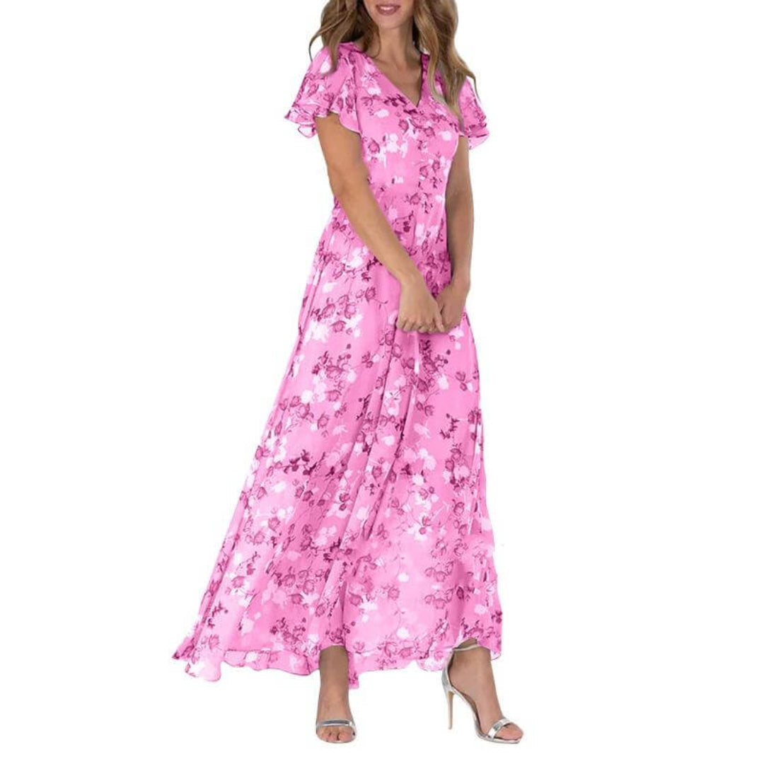 Floral A-Line Midi Dress | V-Neck with Flutter Sleeves | Lightweight Chiffon Layer