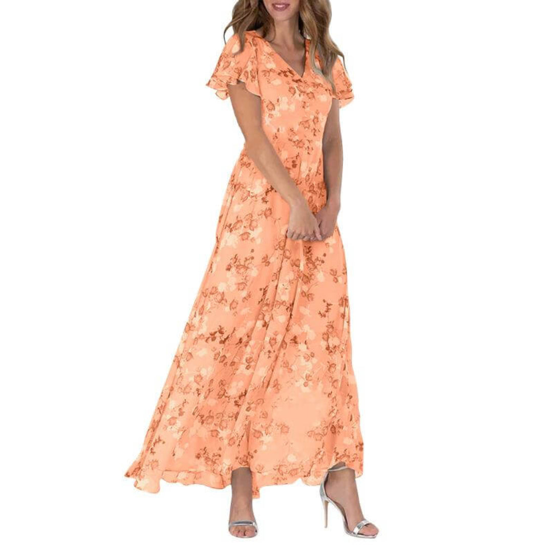Floral A-Line Midi Dress | V-Neck with Flutter Sleeves | Lightweight Chiffon Layer