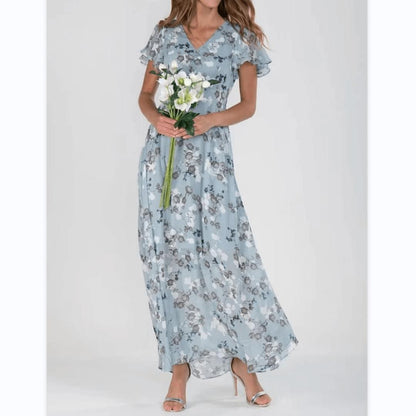Floral A-Line Midi Dress | V-Neck with Flutter Sleeves | Lightweight Chiffon Layer