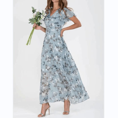 Floral A-Line Midi Dress | V-Neck with Flutter Sleeves | Lightweight Chiffon Layer
