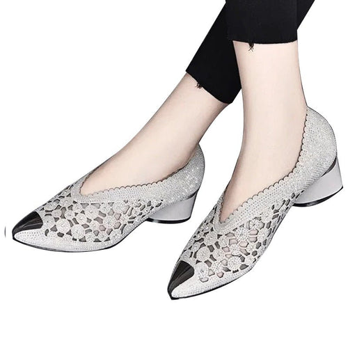 Mesh Pointed-Toe Flats | Scalloped Slip-On with Metallic Cap Detail