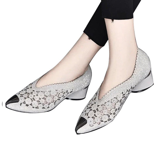 Mesh Pointed-Toe Flats | Scalloped Slip-On with Metallic Cap Detail