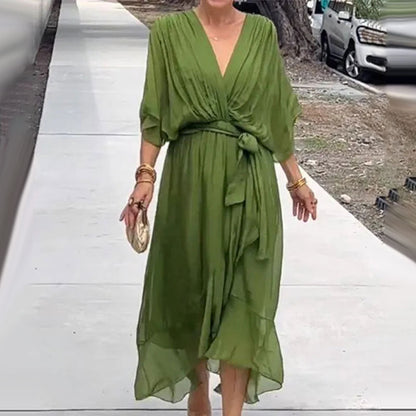 Chiffon Wrap Midi Dress | Deep V-Neck & Tie Waist | Flowy Lightweight Fit