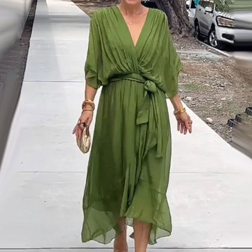 Chiffon Wrap Midi Dress | Deep V-Neck & Tie Waist | Flowy Lightweight Fit
