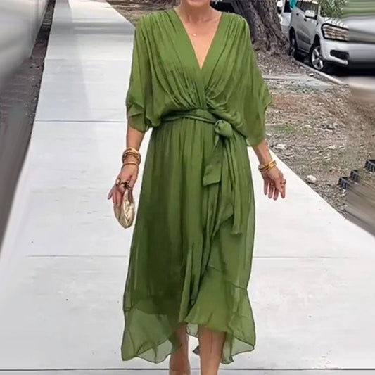 Chiffon Wrap Midi Dress | Deep V-Neck & Tie Waist | Flowy Lightweight Fit