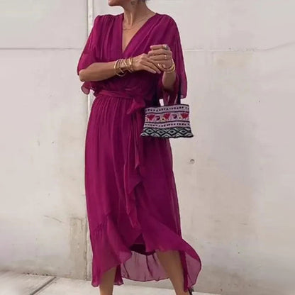 Chiffon Wrap Midi Dress | Deep V-Neck & Tie Waist | Flowy Lightweight Fit