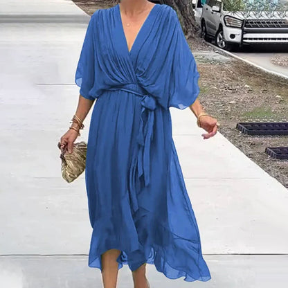 Chiffon Wrap Midi Dress | Deep V-Neck & Tie Waist | Flowy Lightweight Fit