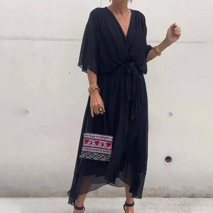 Chiffon Wrap Midi Dress | Deep V-Neck & Tie Waist | Flowy Lightweight Fit