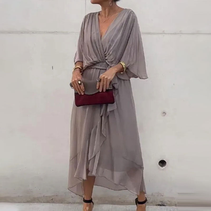 Chiffon Wrap Midi Dress | Deep V-Neck & Tie Waist | Flowy Lightweight Fit