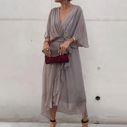 Chiffon Wrap Midi Dress | Deep V-Neck & Tie Waist | Flowy Lightweight Fit