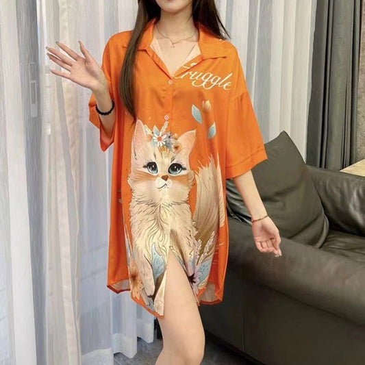 Printed Cat Lounge Shirt Dress | Button Front | Relaxed Fit Loungewear