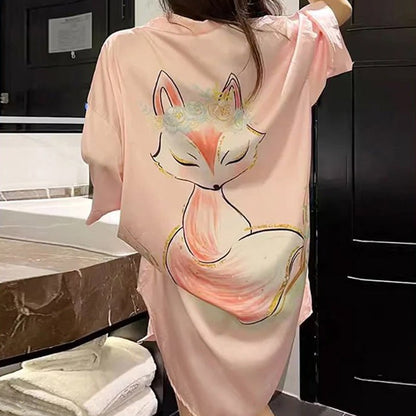 Printed Cat Lounge Shirt Dress | Button Front | Relaxed Fit Loungewear