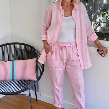 Linen-Blend Two-Piece Set | Button Shirt & Drawstring Pants | Effortless Co-ord