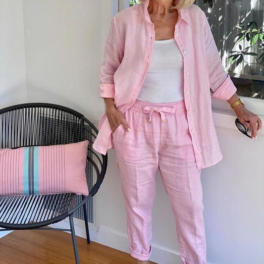 Linen-Blend Two-Piece Set | Button Shirt & Drawstring Pants | Effortless Co-ord