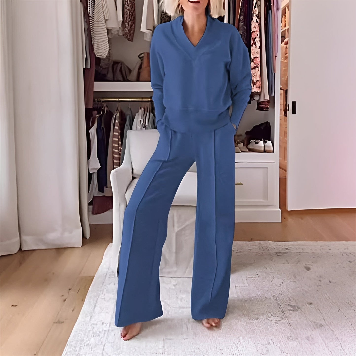 Relaxed Knit Lounge Set | Wide-Leg Pants & V-Neck Pullover